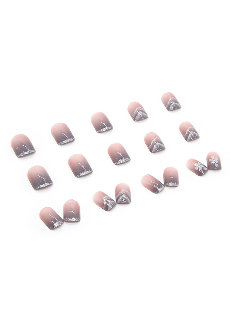 Generic 24 Pcs Flower Press on Nails Short Square Fake Nails Nude Purple Cloud Mountains Design French False Nails Full Cover Artificial Nails Stick on Nails for Women Girls Acrylic Nails Manicure Decorations - Image 4