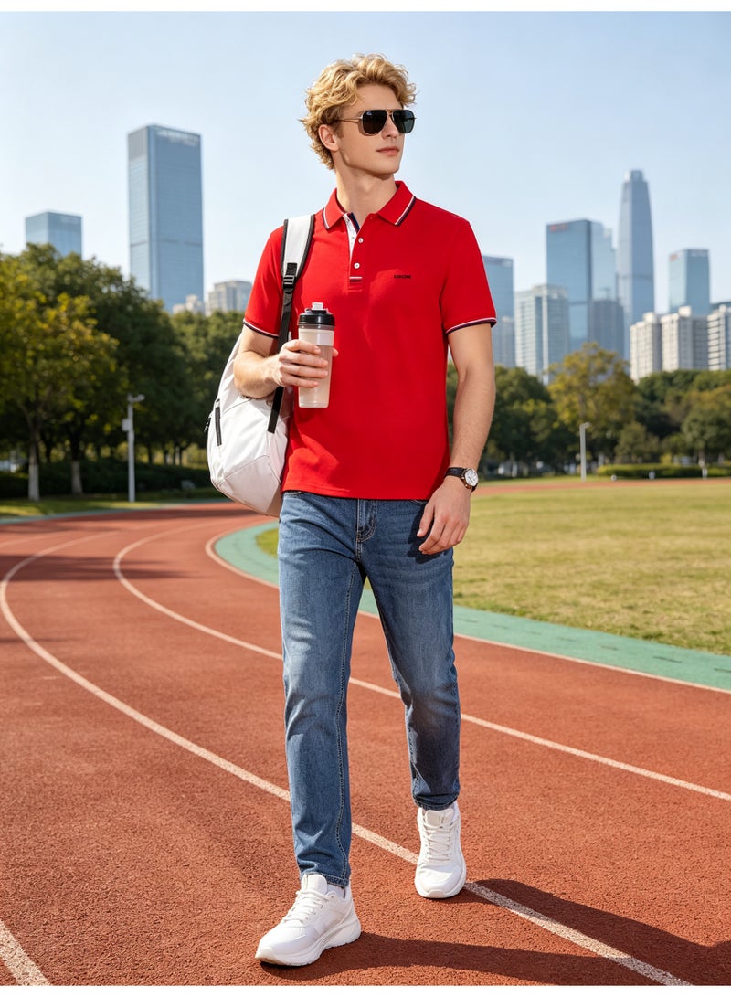 GEOX Unisex Short Sleeve Collar Polo Shirt, Contrast Striped Cuff & Collar, Casual Daily Wear, Red - Image 4