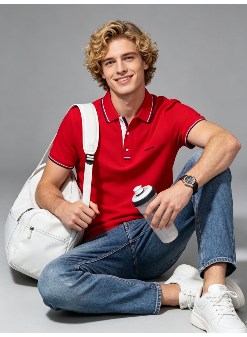 GEOX Unisex Short Sleeve Collar Polo Shirt, Contrast Striped Cuff & Collar, Casual Daily Wear, Red - Image 1