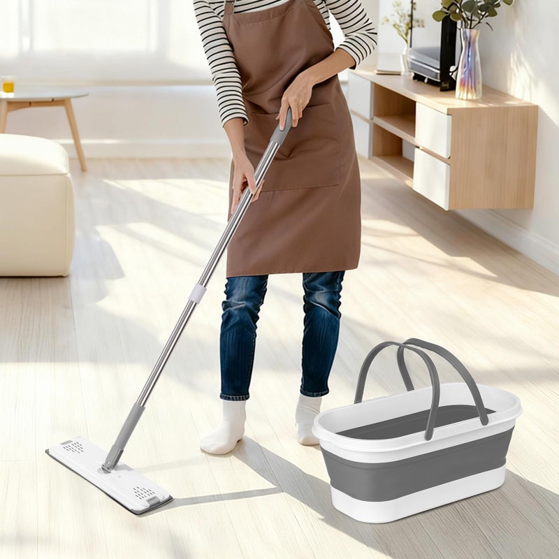 AUTODECO Flat Mop and Bucket Set with Heavy Duty Scrub Brush, 2 Washable Reusable Microfiber Pads, for Tile Hardwood, Wall Cleaning, Home Indoor or Outdoor Cleaning (White-Gray) - Image 3
