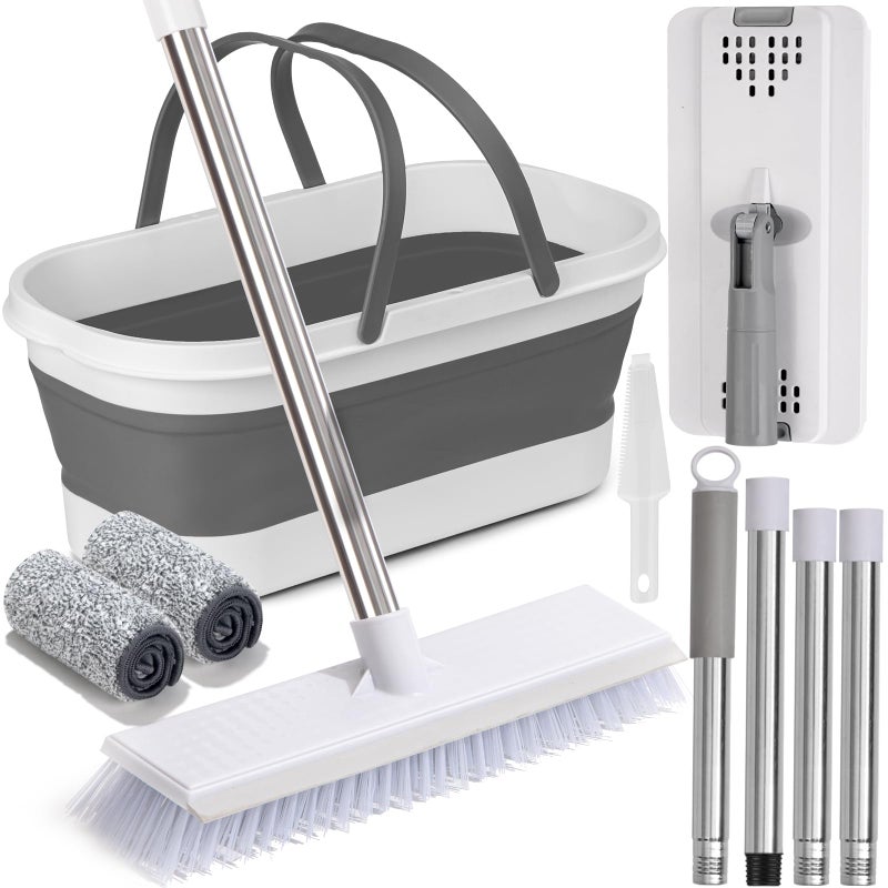 AUTODECO Flat Mop and Bucket Set with Heavy Duty Scrub Brush, 2 Washable Reusable Microfiber Pads, for Tile Hardwood, Wall Cleaning, Home Indoor or Outdoor Cleaning (White-Gray) - Image 1