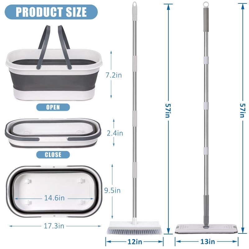 AUTODECO Flat Mop and Bucket Set with Heavy Duty Scrub Brush, 2 Washable Reusable Microfiber Pads, for Tile Hardwood, Wall Cleaning, Home Indoor or Outdoor Cleaning (White-Gray) - Image 2