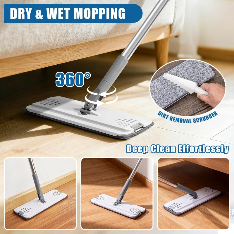 AUTODECO Flat Mop and Bucket Set with Heavy Duty Scrub Brush, 2 Washable Reusable Microfiber Pads, for Tile Hardwood, Wall Cleaning, Home Indoor or Outdoor Cleaning (White-Gray) - Image 5