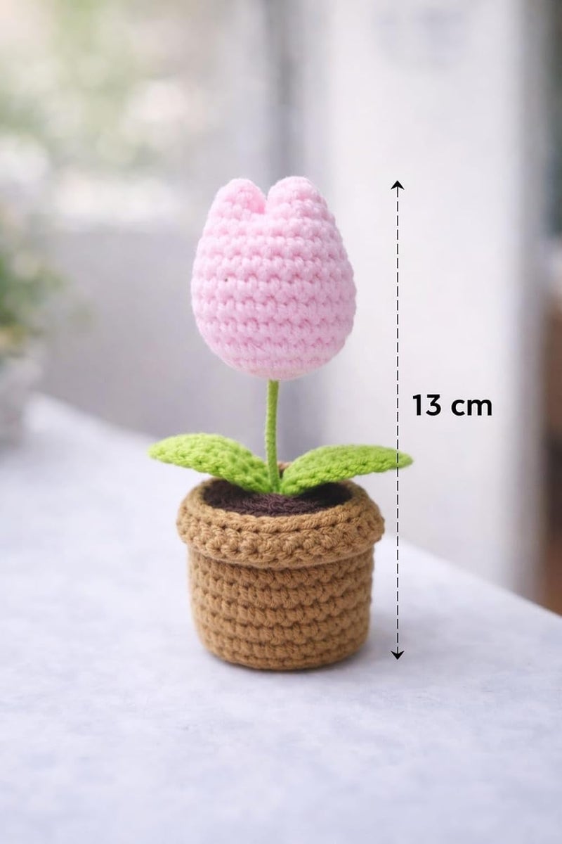 VRB DecTM 1 Pcs Crochet Flowers Artificial Tulip for Office Desk Car Dashboard Decor,Table Decor,Home Decoration, Office,Decor,Bedroom, Christmas Decor (Pink Tulip with Knitted Crochet Pot) - Image 2