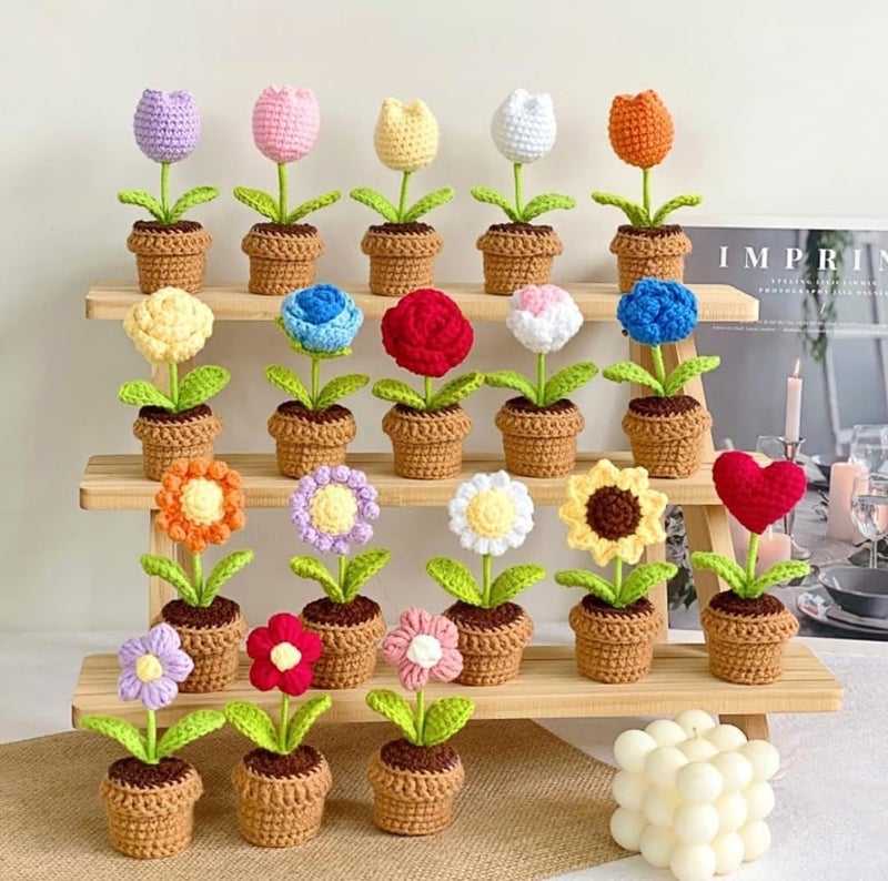 VRB DecTM 1 Pcs Crochet Flowers Artificial Tulip for Office Desk Car Dashboard Decor,Table Decor,Home Decoration, Office,Decor,Bedroom, Christmas Decor (Pink Tulip with Knitted Crochet Pot) - Image 5