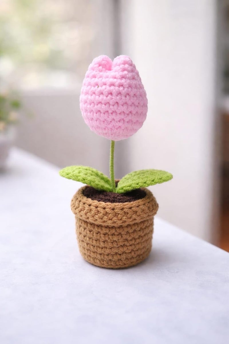 VRB DecTM 1 Pcs Crochet Flowers Artificial Tulip for Office Desk Car Dashboard Decor,Table Decor,Home Decoration, Office,Decor,Bedroom, Christmas Decor (Pink Tulip with Knitted Crochet Pot) - Image 1