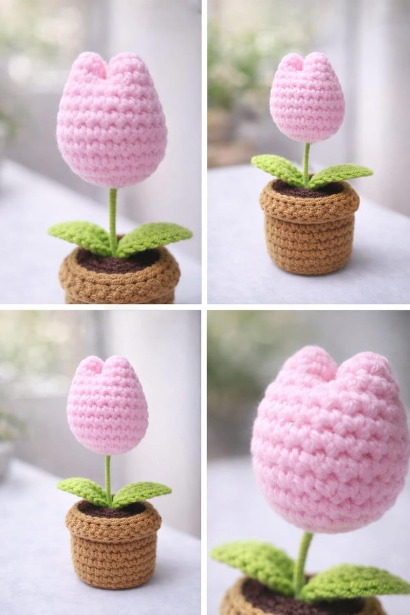 VRB DecTM 1 Pcs Crochet Flowers Artificial Tulip for Office Desk Car Dashboard Decor,Table Decor,Home Decoration, Office,Decor,Bedroom, Christmas Decor (Pink Tulip with Knitted Crochet Pot) - Image 3
