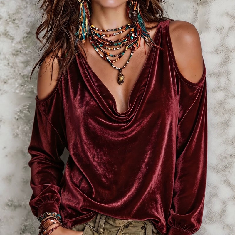 Women's Solid Color Long Sleeve Cowl Neck T-Shirt - Image 1