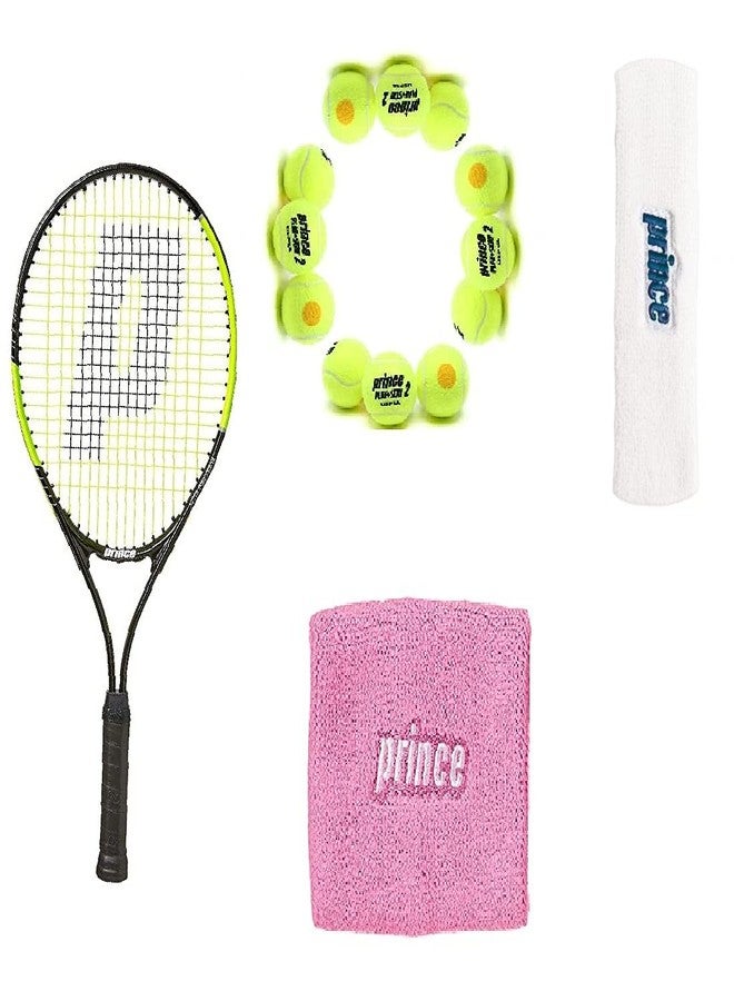 برنس مضرب تنس برينس ثاندر 26، كرة تنس برينس ستيج 2 برتقالية قياسية، 12 كرة مع سوار معصم وردي/أبيض وسوار رأس أبيض/كحلي داكن - Image 1