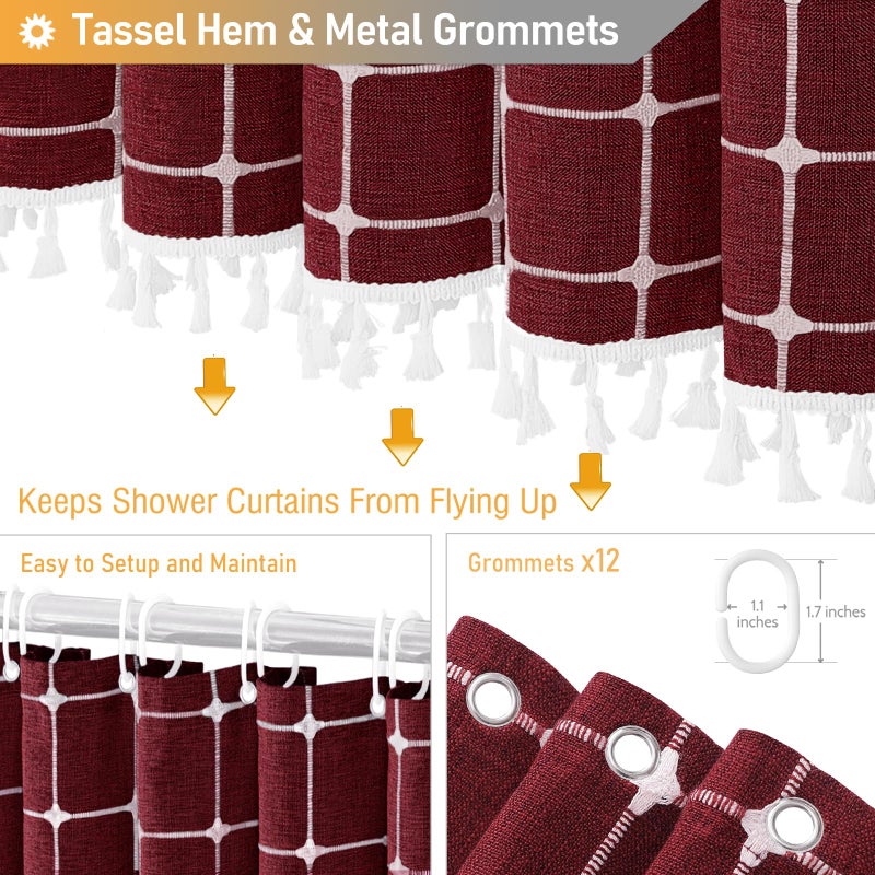 BTTN BTTN 78 Inch Long Shower Curtain - Boho Farmhouse Linen Ultra Thick Fabric Shower Curtain Set with Plastic Hooks  Tall Rustic Country Weighted Cloth Shower Curtains for Bathroom - Burgundy - 72x78 - Image 4