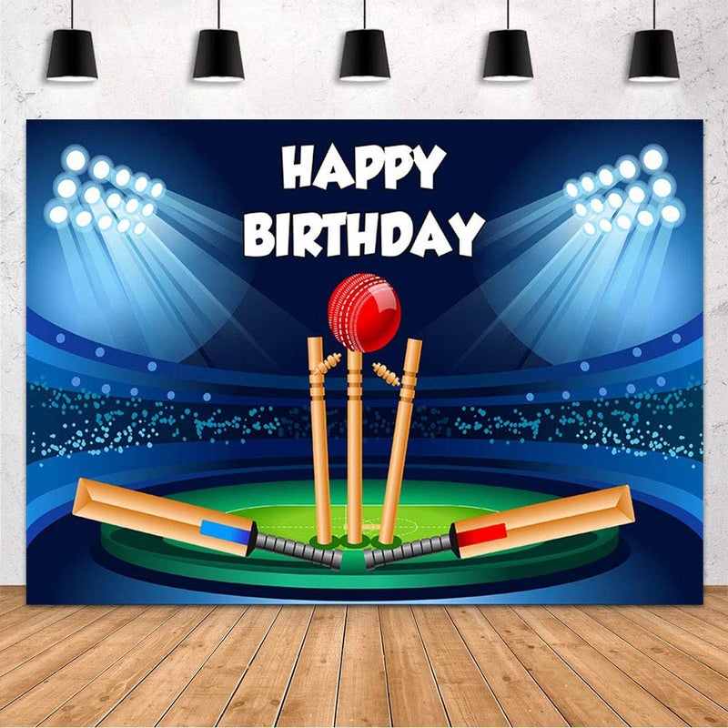 MEHOFOND 7x5ft Cricket Sport Birthday Backdrop Spotlight Stadium Blue Black Happy Birthday Party Decoration Photography Background Banner Cake Table Studio Photo Props Supplies