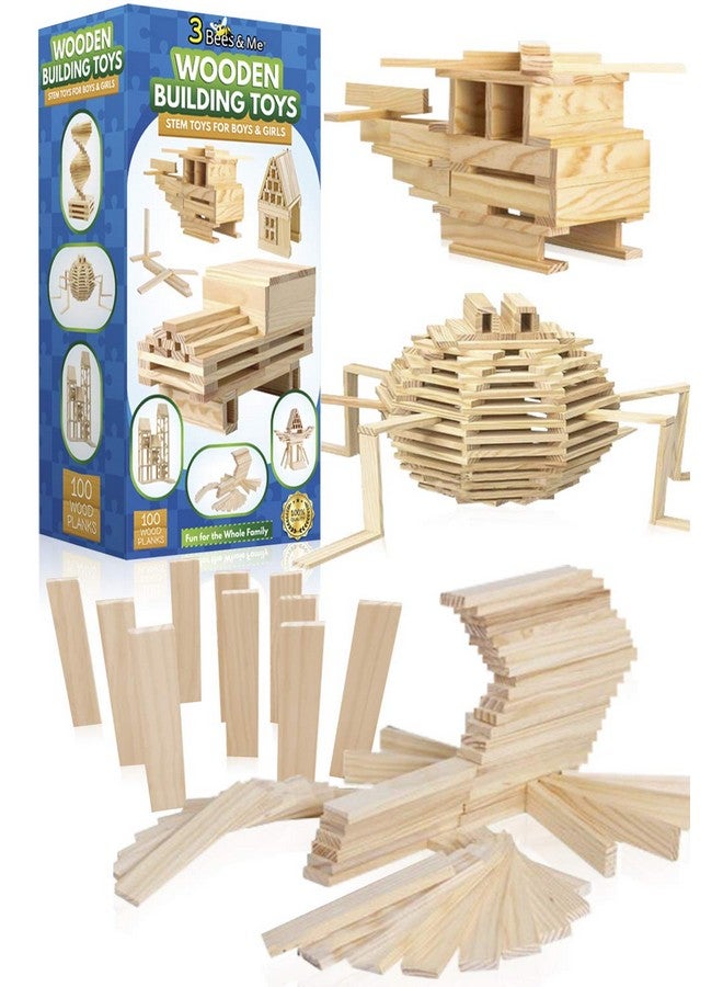 3 Bees & Me 3 Bees & Me Wooden Building Toys - STEM Toys for Boys and Girls - 100 Wood Plank Pieces - Image 1