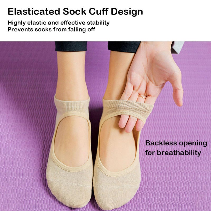 RVOKYE Yoga Socks for Women, Non Slip Pilates Socks with Grips, Non Skid Socks for Pilates, Ballet, Barefoot Workout, Dance (3 pairs-Beige) - Image 4