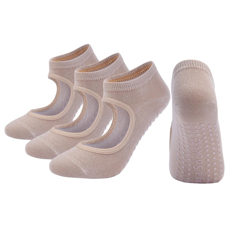 RVOKYE Yoga Socks for Women, Non Slip Pilates Socks with Grips, Non Skid Socks for Pilates, Ballet, Barefoot Workout, Dance (3 pairs-Beige) - Image 1