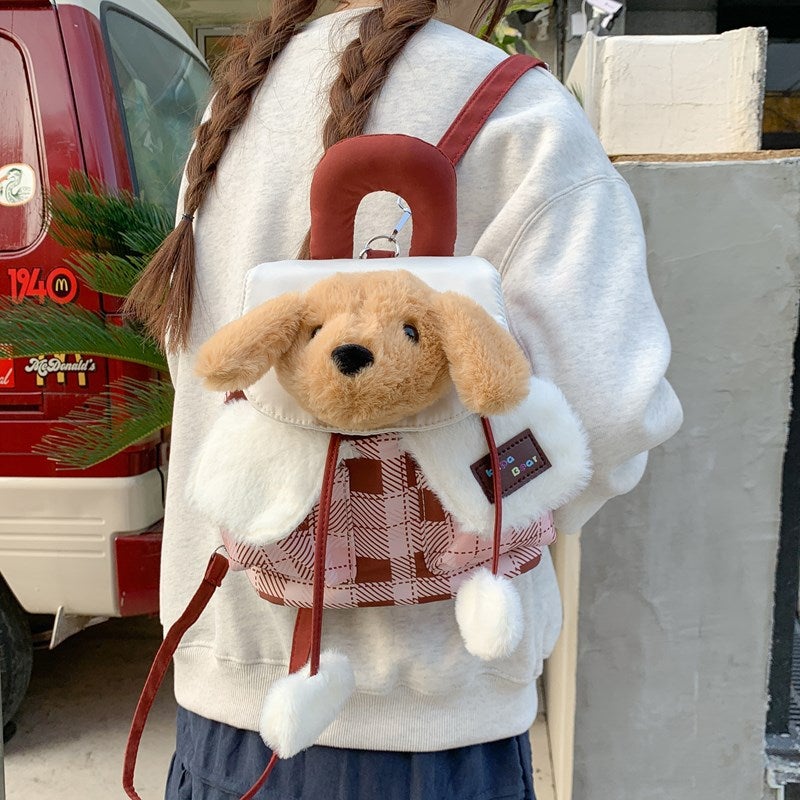 Cute Plush Puppy Cartoon Backpack, Korean Style Plaid Backpack, Sweet Soft Drawstring Bag for Women - Image 4