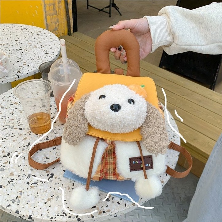 Cute Plush Puppy Cartoon Backpack, Korean Style Plaid Backpack, Sweet Soft Drawstring Bag for Women - Image 2