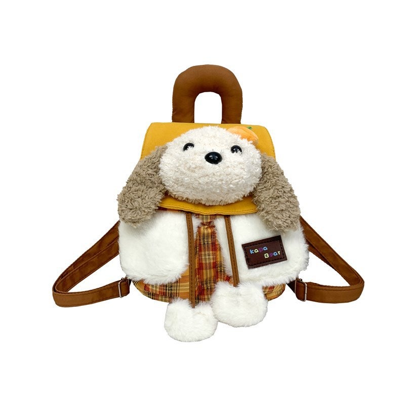 Cute Plush Puppy Cartoon Backpack, Korean Style Plaid Backpack, Sweet Soft Drawstring Bag for Women - Image 1