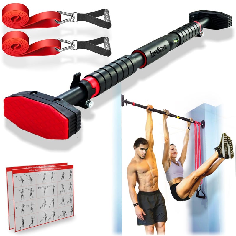 IRONSURGE Pull Up Bar for Doorway 6-piece Set with Two Attachable Resistance Bands, Training Manual, Door frame Chin Up Bar, and Two Angled Supports For Home Gym Workout, No Screws, Max 680lbs, - Image 1