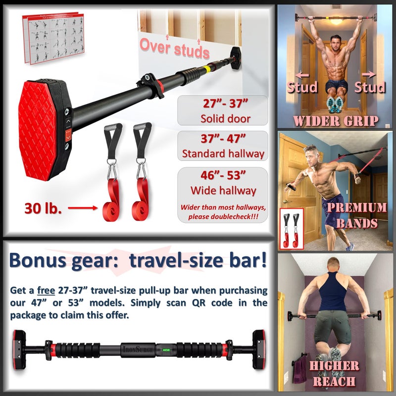 IRONSURGE Pull Up Bar for Doorway 6-piece Set with Two Attachable Resistance Bands, Training Manual, Door frame Chin Up Bar, and Two Angled Supports For Home Gym Workout, No Screws, Max 680lbs, - Image 2