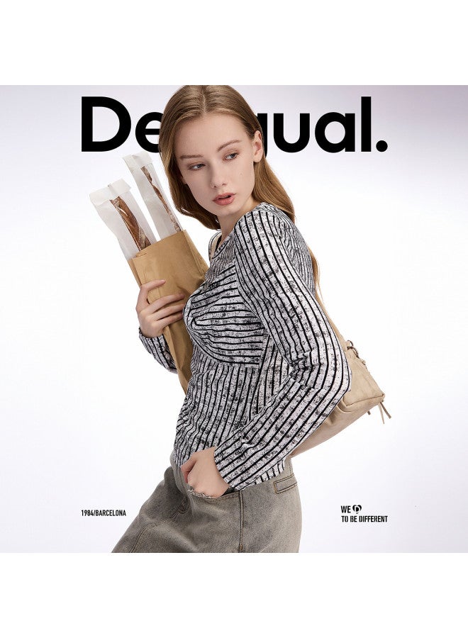 DESIGUAL slim-fit Striped Knot Detail Round Neck Long Sleeve Women's T-shirt - Image 4