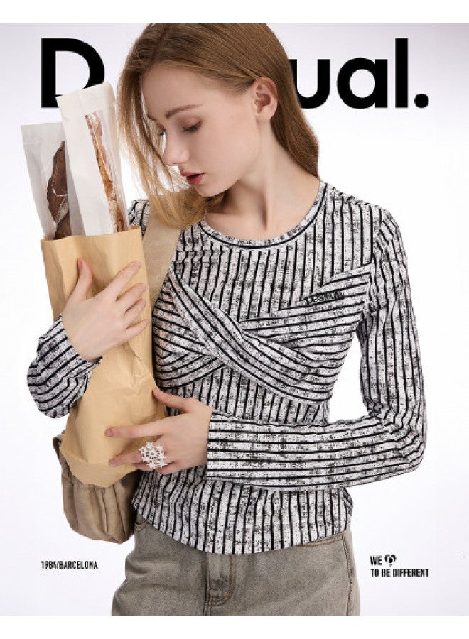 DESIGUAL slim-fit Striped Knot Detail Round Neck Long Sleeve Women's T-shirt - Image 1