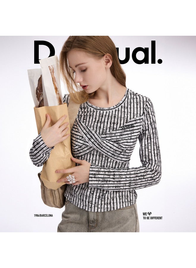 DESIGUAL slim-fit Striped Knot Detail Round Neck Long Sleeve Women's T-shirt - Image 2