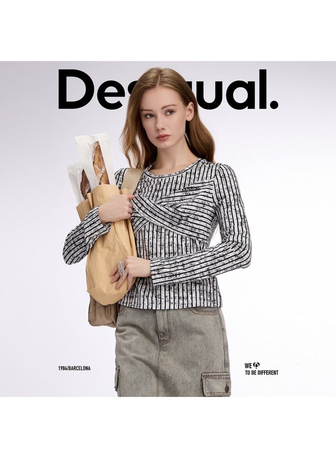 DESIGUAL slim-fit Striped Knot Detail Round Neck Long Sleeve Women's T-shirt - Image 5