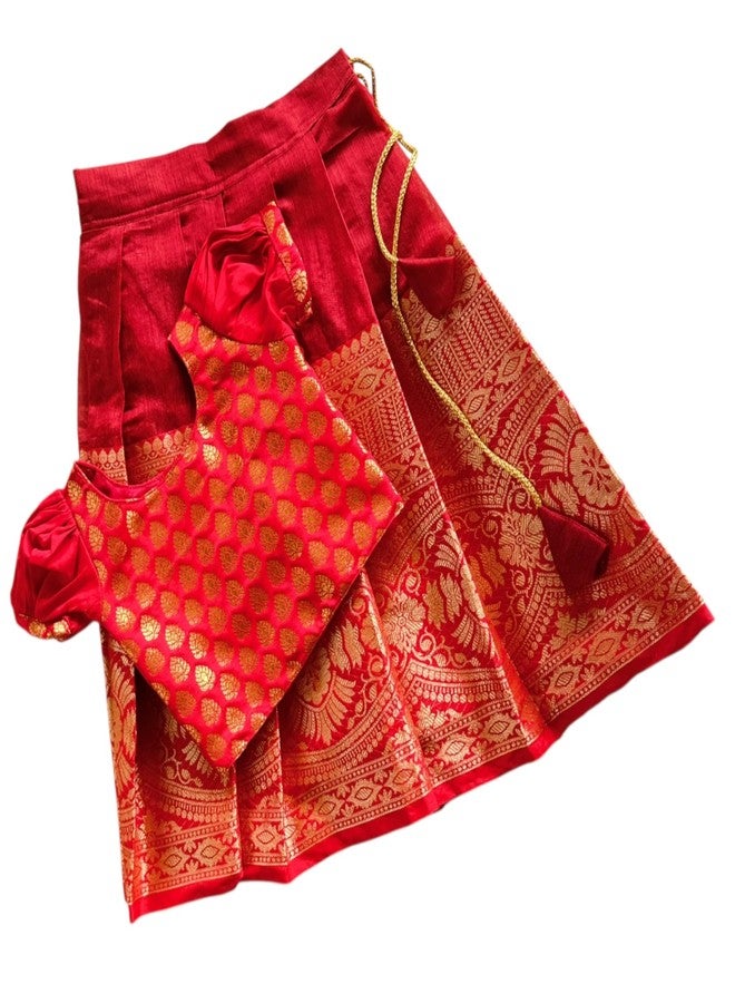 Picksparrow فستان باتو بافاداي/لينغا تشولي/زي هندي احتفالي للبنات الصغيرات من بيكسبارو (بلوزة حمراء بأكمام منفوخة) (أحمر-أحمر، 6-12 شهرًا) - Image 1