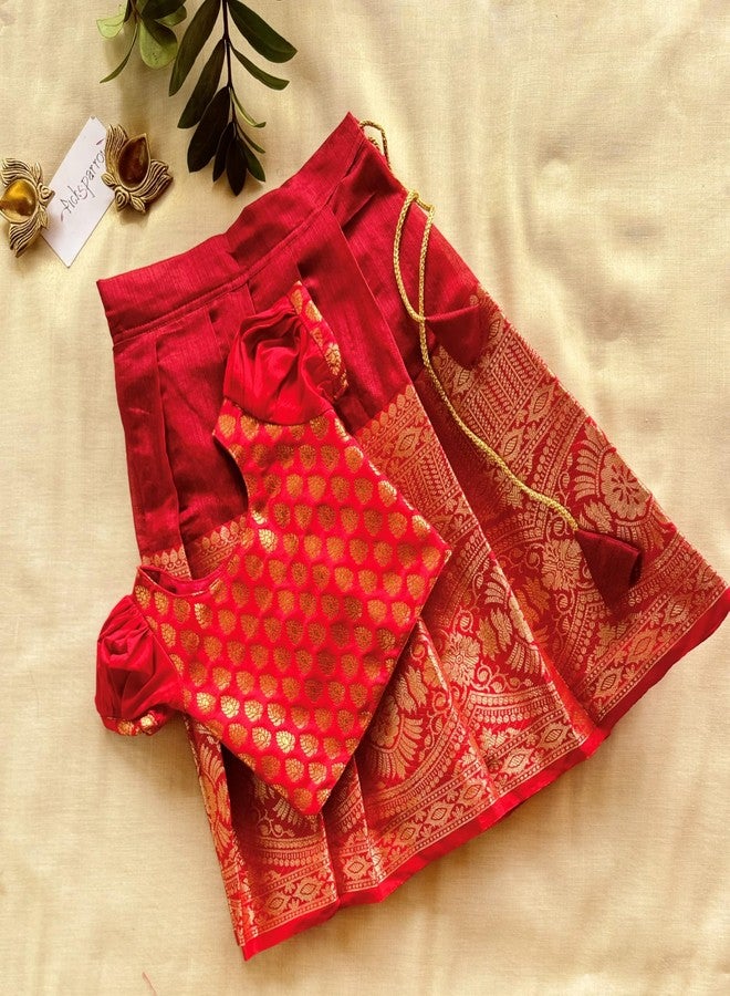 Picksparrow فستان باتو بافاداي/لينغا تشولي/زي هندي احتفالي للبنات الصغيرات من بيكسبارو (بلوزة حمراء بأكمام منفوخة) (أحمر-أحمر، 6-12 شهرًا) - Image 2