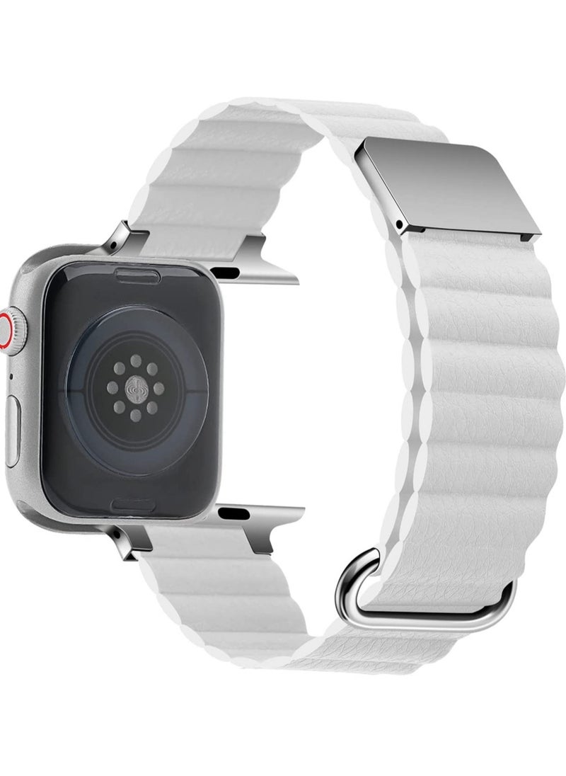 ELTRAZONE - Magnetic Leather Loop Strap Watch Band for Apple Watch Ultra 49mm Series 8 45mm 44mm 42mm Leather Magnet Ultra Band Strap – White - Image 1