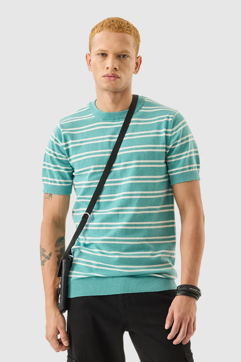 SNITCH Turquoise Stripes Slim Fit Crew Neck T-Shirt