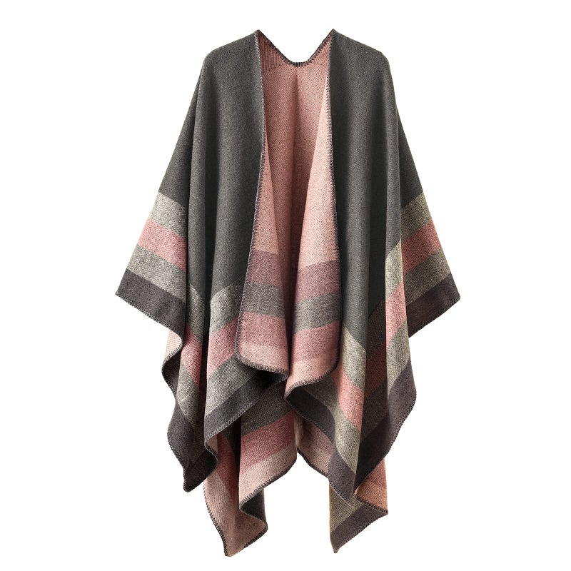 colornival Shawl Wraps for Women, Elegant Knitted Cape Open Front Soft Poncho Scarf Blanket Cardigan Coat for Spring, Autumn and Winter (Pink Gray) - Image 1