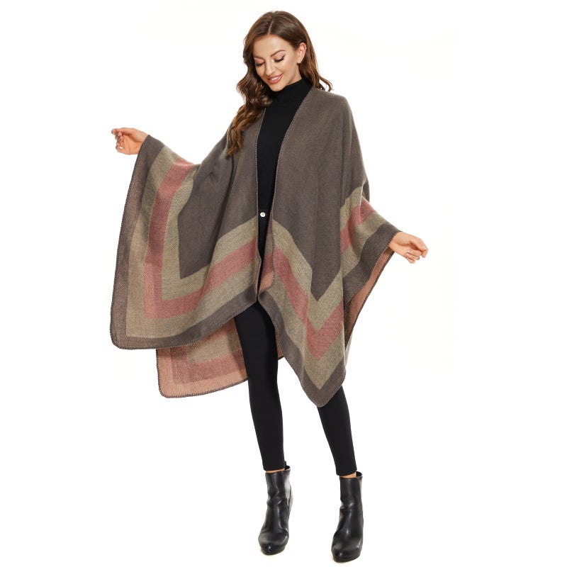 colornival Shawl Wraps for Women, Elegant Knitted Cape Open Front Soft Poncho Scarf Blanket Cardigan Coat for Spring, Autumn and Winter (Pink Gray) - Image 4