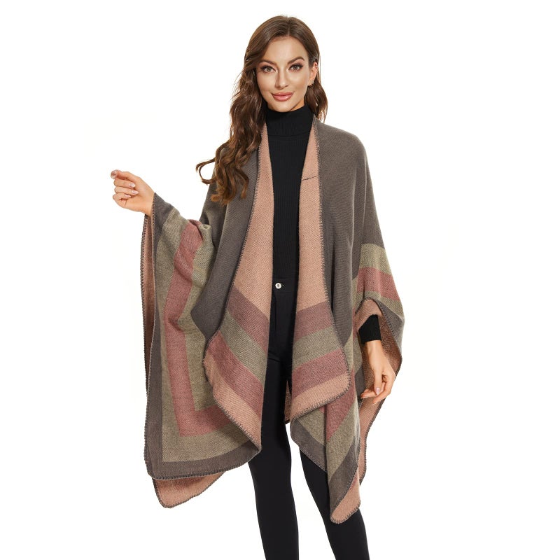 colornival Shawl Wraps for Women, Elegant Knitted Cape Open Front Soft Poncho Scarf Blanket Cardigan Coat for Spring, Autumn and Winter (Pink Gray) - Image 5