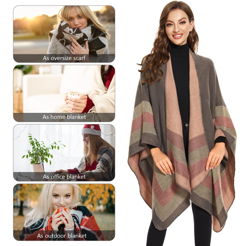 colornival Shawl Wraps for Women, Elegant Knitted Cape Open Front Soft Poncho Scarf Blanket Cardigan Coat for Spring, Autumn and Winter (Pink Gray) - Image 2