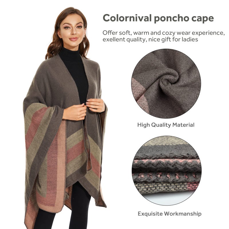colornival Shawl Wraps for Women, Elegant Knitted Cape Open Front Soft Poncho Scarf Blanket Cardigan Coat for Spring, Autumn and Winter (Pink Gray) - Image 3