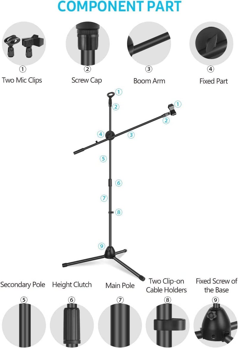 SOUVENIR Microphone Stand with 2 mic holders, Heavy Duty Adjustable Height Tripod Stand 3 Leg Double Arm Mic Stand for Singing, Speeches, Stage Performances & Studio Recording Microphone Stand- Black - Image 2