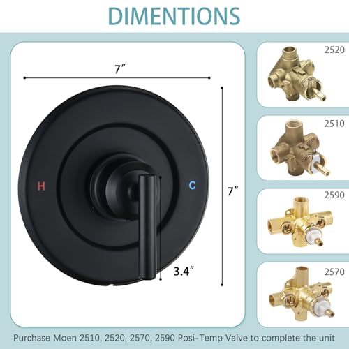 Ultrimkit Replacement for Moen Posi-Temp Valve Only Shower Faucet Trim Kit (Valve& Catridge Not Inclued), Volume and Temperature Control Level Handle, Matte Black - Image 5