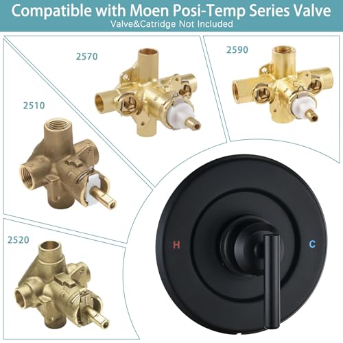 Ultrimkit Replacement for Moen Posi-Temp Valve Only Shower Faucet Trim Kit (Valve& Catridge Not Inclued), Volume and Temperature Control Level Handle, Matte Black - Image 3