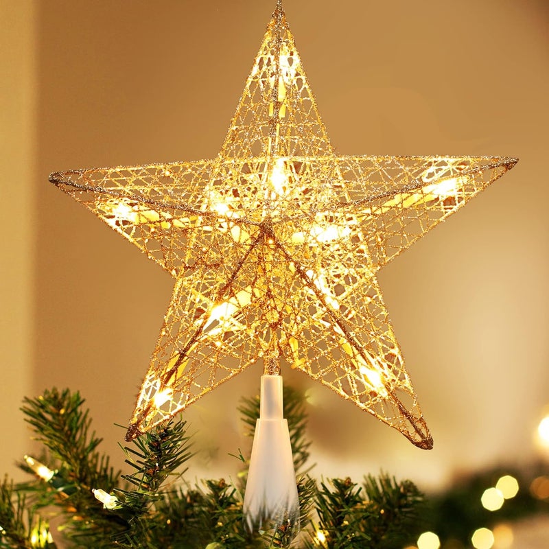 BrizLabs Christmas Star Tree Topper Lights, Plug in 9“ Pentagram Xmas Treetop Light, UL Certified 10 Warm White Star Topper Lights for Home Indoor Holiday Party Christmas Tree Decorations - Image 1