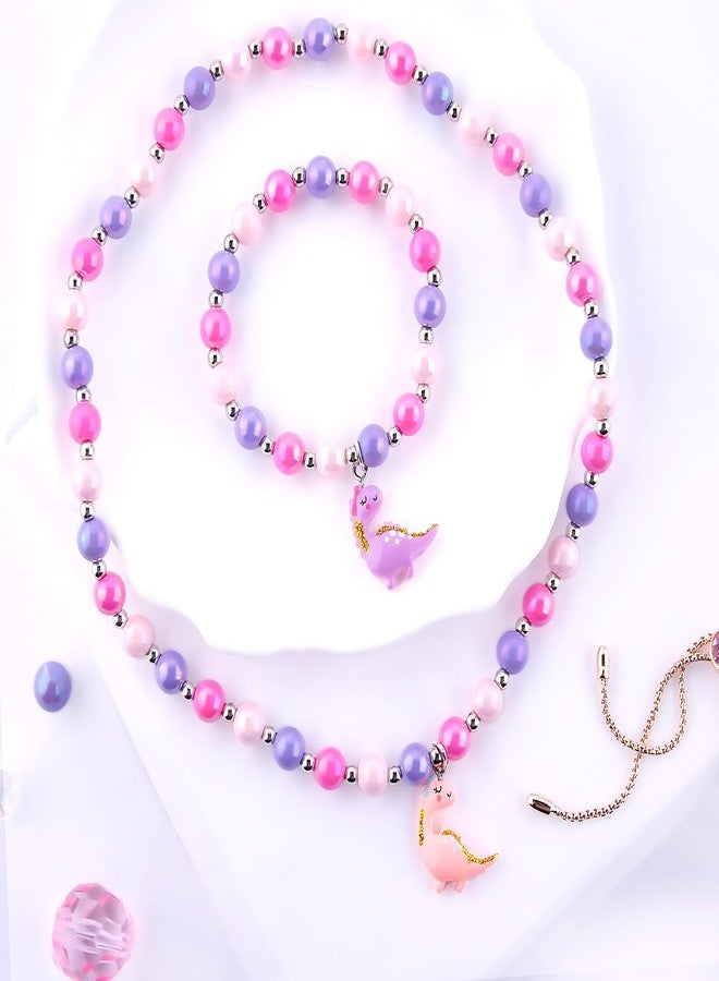 Niceup Little Girl Dinosaure Play Jewelry Necklace Bracelet Set Girls Dino Gift (Pink & Purple) - Image 2