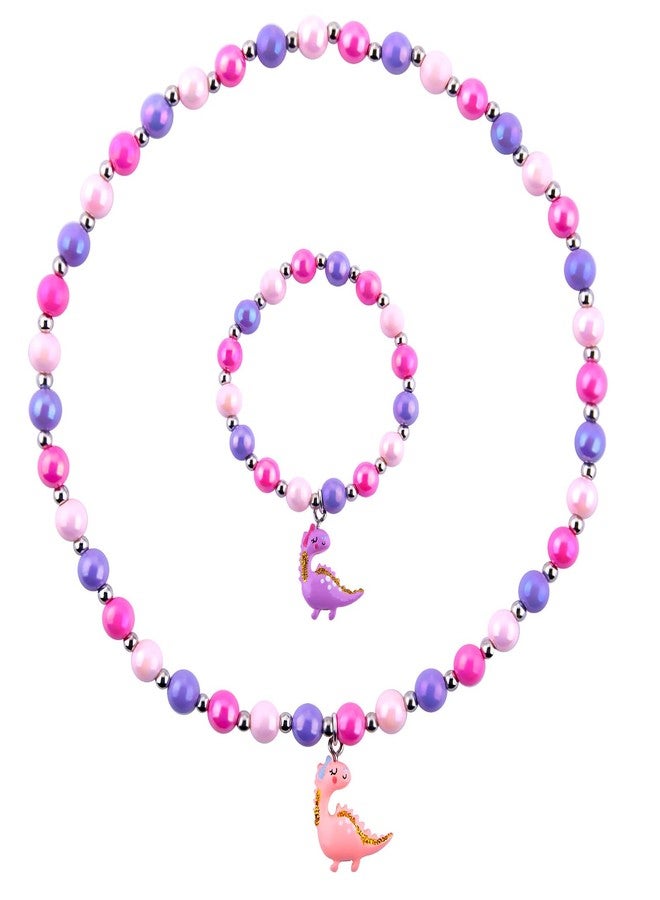 Niceup Little Girl Dinosaure Play Jewelry Necklace Bracelet Set Girls Dino Gift (Pink & Purple) - Image 1