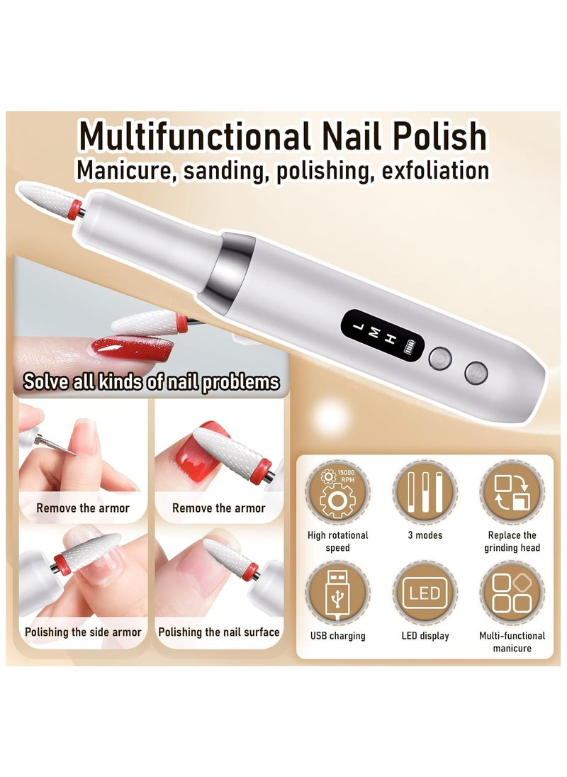 Hihonor Rechargeable Cordless Electric Nail Drill Kit, Professional Electric Nail File for Acrylic Gel Dip Powder Nails, 3 Speeds 15000RPM, Reversible Direction, Portable Manicure Pedicure Tool,White  - Image 2