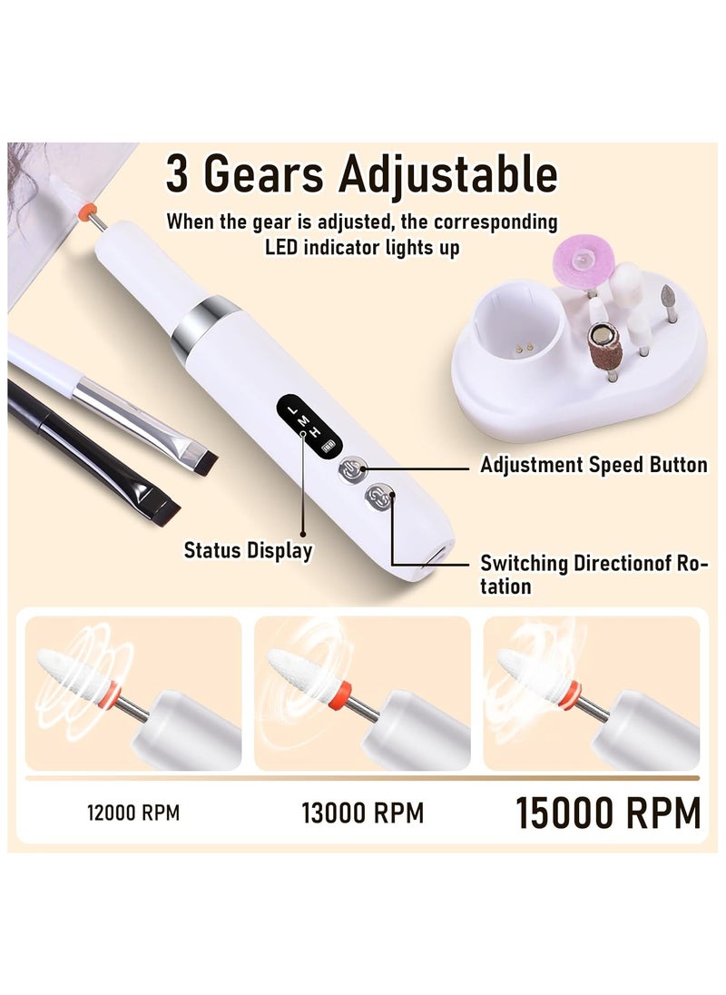 Hihonor Rechargeable Cordless Electric Nail Drill Kit, Professional Electric Nail File for Acrylic Gel Dip Powder Nails, 3 Speeds 15000RPM, Reversible Direction, Portable Manicure Pedicure Tool,White  - Image 4