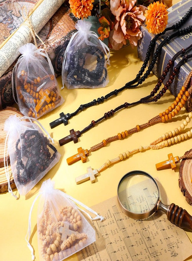 Tenceur مسبحة خشبية من تينسور، 24 قطعة، خرز خشبي منحوت عليه صليب يسوع، مسبحة للمناولة الأولى، مع أكياس من الأورجانزا، هدايا تذكارية للمعمودية، هدية كاثوليكية للرجال والنساء (ألوان كلاسيكية). - Image 5