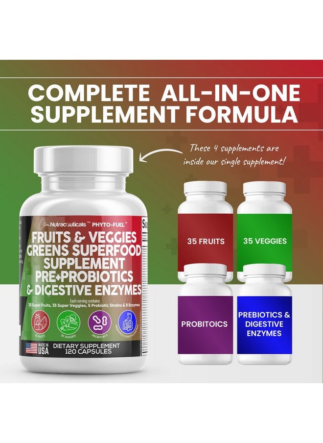 Clean Nutraceuticals - Fruits And Veggies Supplement Reds & Green Superfood A Natural Balance Of Over 70 Fruit And Vegetable Supplements Capsules With Probiotics Prebiotics Digestive Enzymes Nature Spirulina 120 Ct Usa - Image 1
