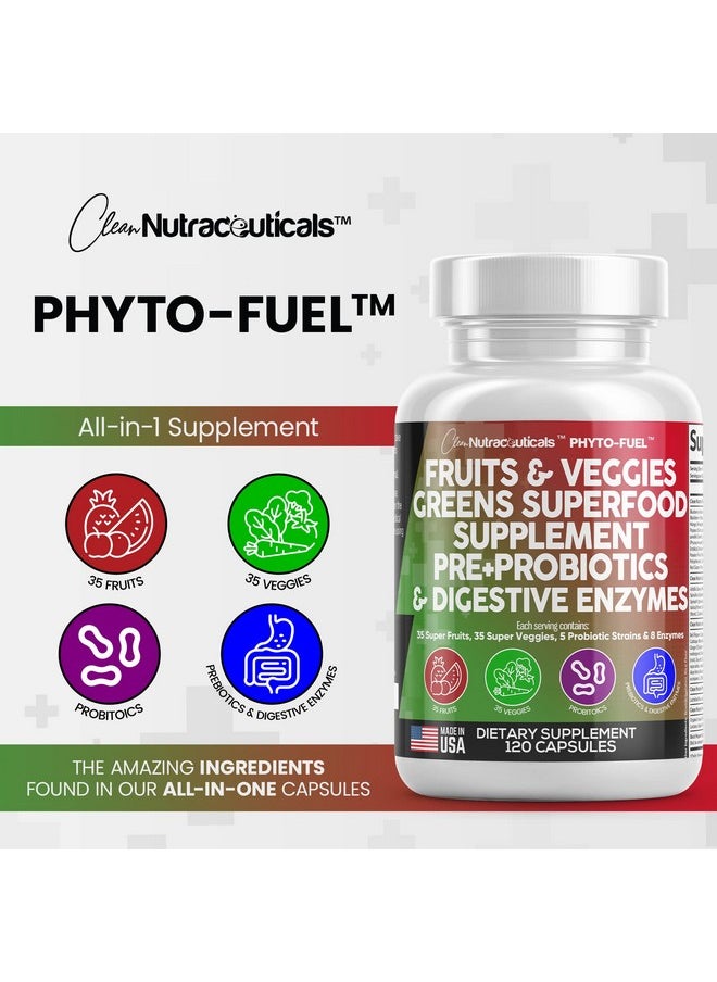 Clean Nutraceuticals - Fruits And Veggies Supplement Reds & Green Superfood A Natural Balance Of Over 70 Fruit And Vegetable Supplements Capsules With Probiotics Prebiotics Digestive Enzymes Nature Spirulina 120 Ct Usa - Image 1