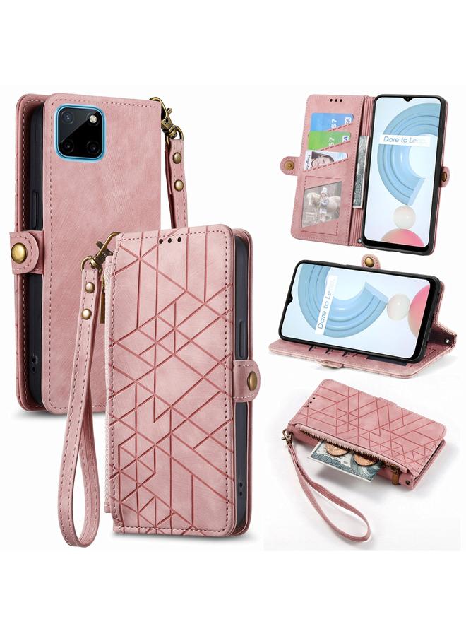 The Bros Case For Realme C21Y / C25Y Geometric Zipper Wallet Side Buckle Leather Phone Case