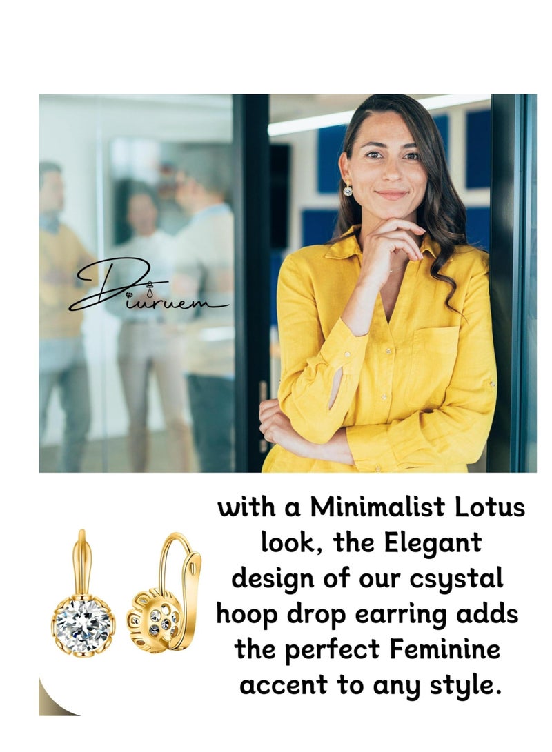 Captaintech Diamond Pendant Earrings, Round Crystal Flower Leverback Drop Earrings, for Women 14k Gold Plated Sparkling Cubic Zirconia Elegant Diamond Dangle Earrings, Prong Setting Bridal Earrings (1 Pair) - Image 3