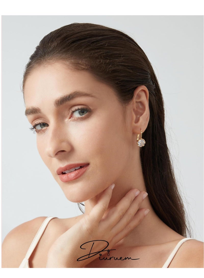 Captaintech Diamond Pendant Earrings, Round Crystal Flower Leverback Drop Earrings, for Women 14k Gold Plated Sparkling Cubic Zirconia Elegant Diamond Dangle Earrings, Prong Setting Bridal Earrings (1 Pair) - Image 4